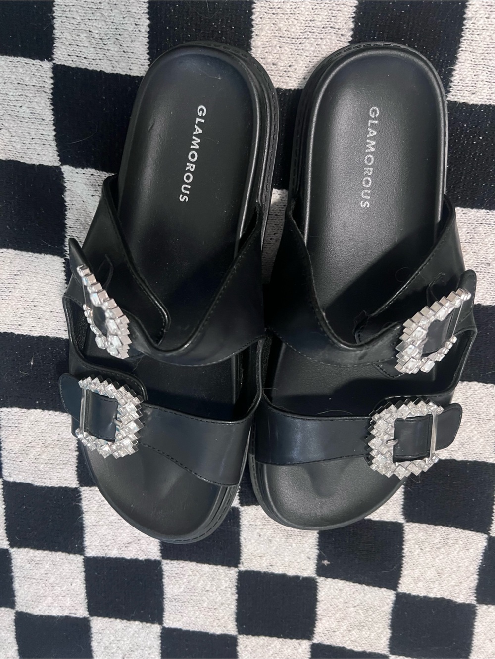 Glamorous Black Slide Mules with Rhinestone Buckles
